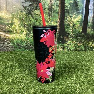 Starbucks Black Floral Metal Travel Cup 16oz. New